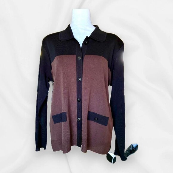 Misook Sweaters - Vintage Misook Brown & Black Cardigan Officewear, Careerwear, Old Money, Classic